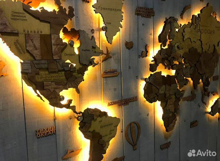 Карта мира из дерева на стену с подсветкой