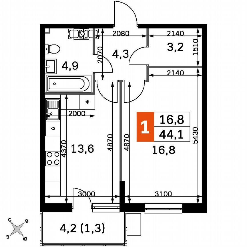 1-к. квартира, 42,8 м², 1/22 эт.
