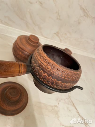 Горшок духовой Дымлёный резной с крышкой 3, ухват