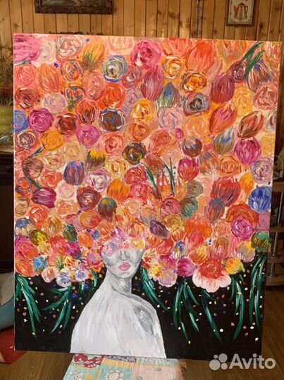 Картина женщина с цветами на голове