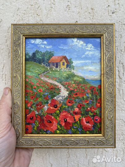 Картина-миниатюра маслом маковое поле