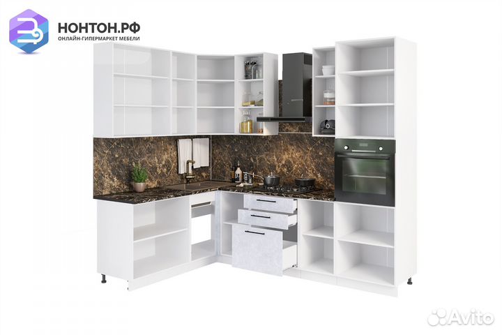 Кухня угловая Нувель 1.8 на 2.6 м бетон белый