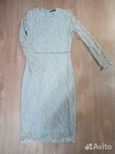 Кружевное выпускное платье футляр голубое 42-44