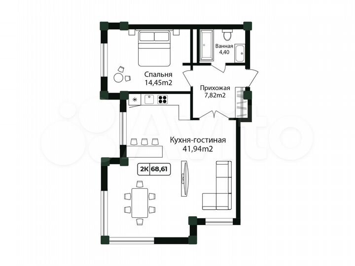 2-к. квартира, 68,6 м², 9/12 эт.