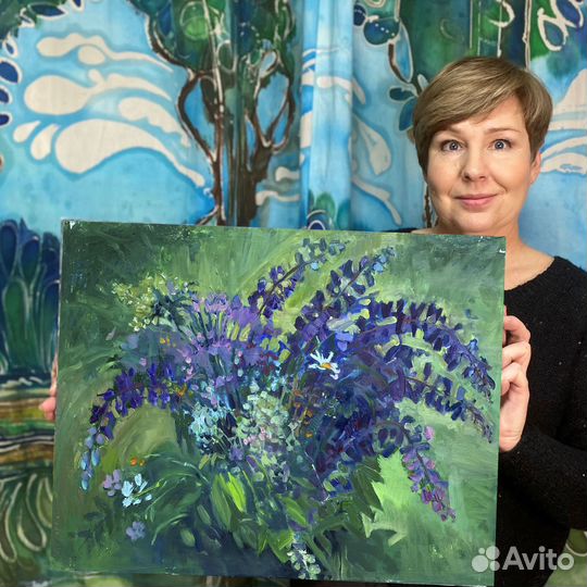 Картина маслом Цветы Люпины в подарок