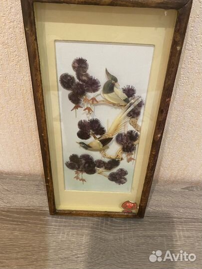 Картина перламутр, перья.Винтаж.Китай