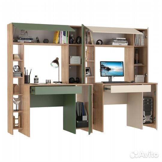 Два больших компьютерных стола Mobi Комфорт 12.71 цвет гикори рокфорд/дым.зелёный/сатин