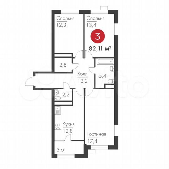 3-к. квартира, 82,1 м², 3/19 эт.
