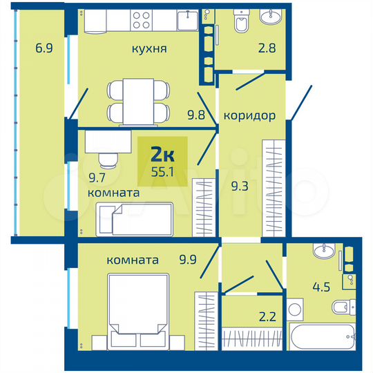 2-к. квартира, 55,1 м², 4/10 эт.