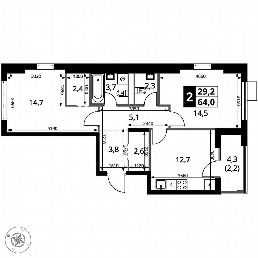 2-к. квартира, 64 м², 15/18 эт.