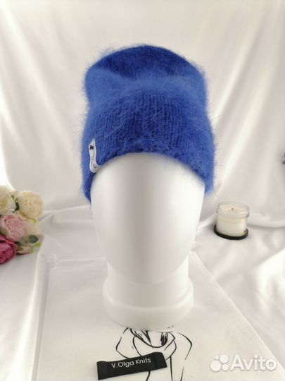 Шапка бини женская вязаная цвет ультрамарин