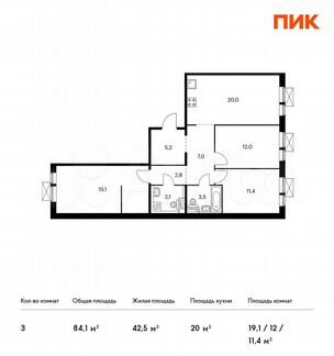 3-к квартира, 84.1 м², 2/9 эт.