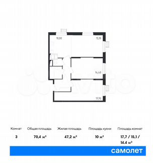 3-к квартира, 70.4 м², 19/23 эт.