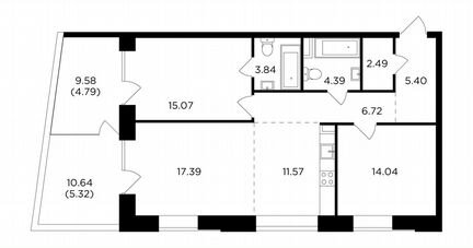3-к квартира, 91 м², 3/19 эт.