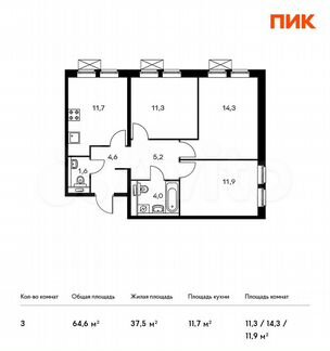 3-к квартира, 64.6 м², 12/25 эт.